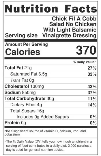 Chick-Fil-A Cobb Salad (No Chicken) With Light Balsamic Vinaigrette Dressing: Nutrition Info